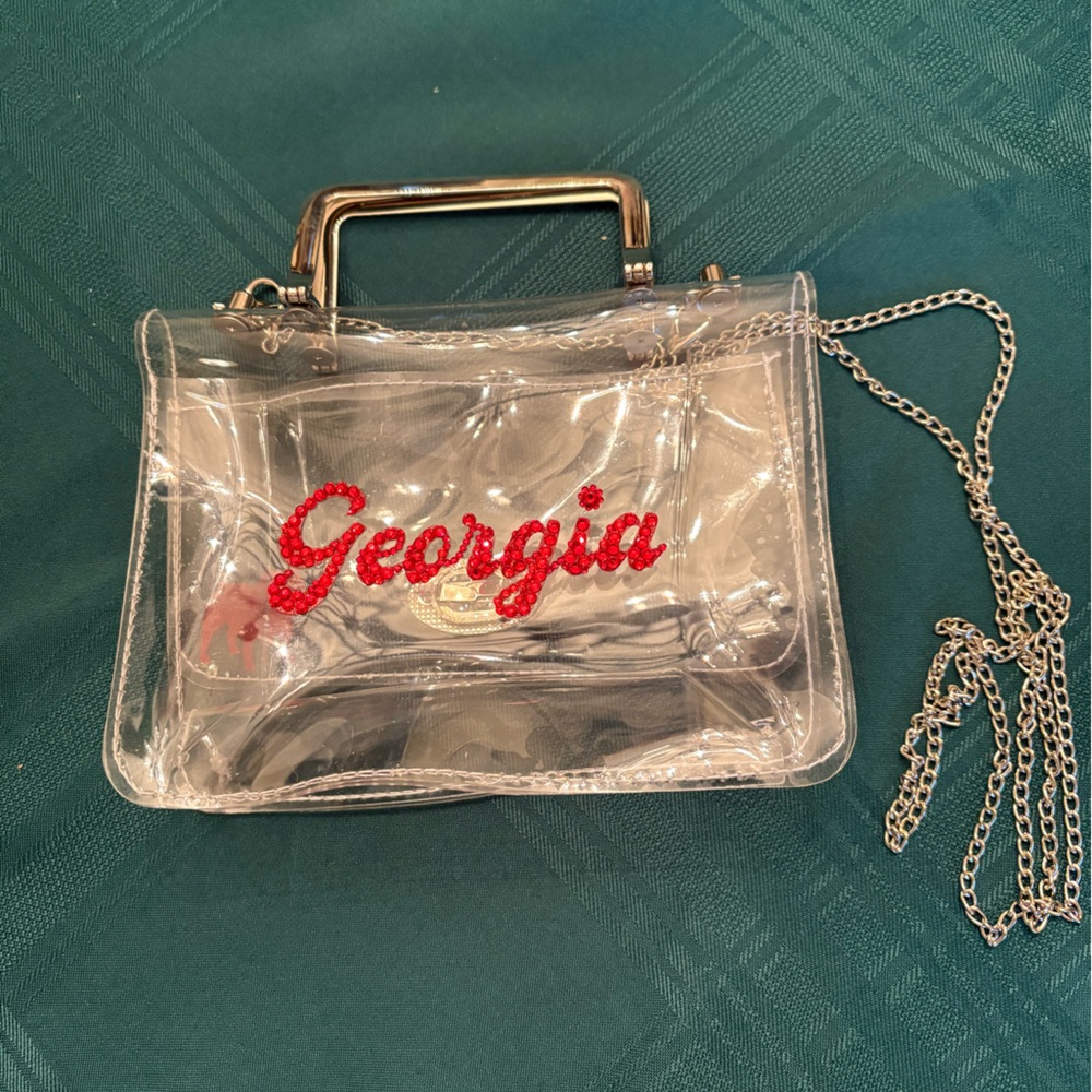 clear stadium-approved crossbody purse with a silver chain l